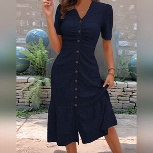 Eyelet Embroidered Midi Navy Blue Button-Down Fitted Ruched Dress